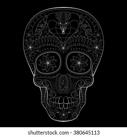 Dia de Muertos. Illustration of traditional Mexican skull with lots of hypnotic ornaments and with cobra to the Day of The Dead. Black white colors. contour. Vector Illustration