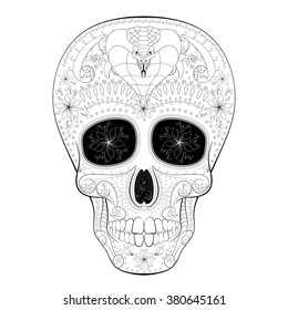 Dia de Muertos. Illustration of traditional Mexican skull with lots of hypnotic ornaments and with cobra to the Day of The Dead. Black white colors. contour. Vector Illustration