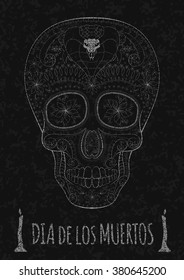 Dia de Muertos. Illustration of traditional Mexican skull with lots of hypnotic ornaments and cobra to the Day of The Dead on the stone texture. monochrome. contour. Flyer Template Vector Illustration