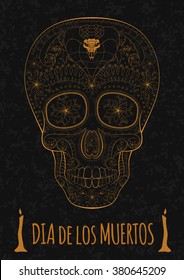 Dia de Muertos. Illustration of traditional Mexican skull with lots of hypnotic ornaments and cobra to the Day of The Dead on the stone texture. monochrome. contour. Flyer Template Vector Illustration