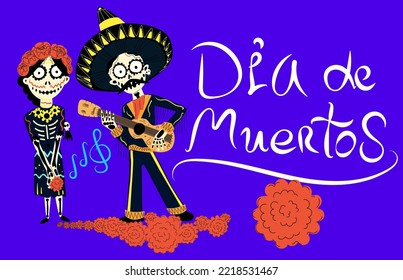 Dia de Muertos lettering. Characters in a skeleton costumes with guitar and flowers. Vector illustration for the Day of the Dead. Coloring stock image with a musician in a big hat and his lover.