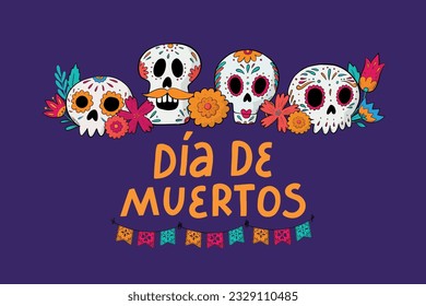 dia de muertos lettering quote decorated with doodles of skulls and flowers for banners, prints, cards, signs, invitations, templates, etc. EPS 10