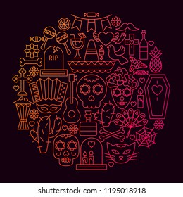 Dia De Muertos Line Icon Circle Concept. Vector Illustration of Holiday Objects.