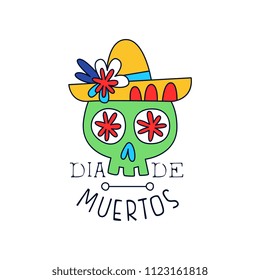 Dia De Muertos logo, traditional Mexican Day of the Dead design element with sugar school in a hat, holiday party decoration banner, greeting card hand drawn vector Illustration