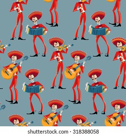 Dia de Muertos. Mariachi band of skeletons. Mexican tradition. Seamless background pattern. Vector illustration