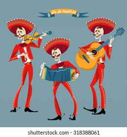 Dia de Muertos. Mariachi band of skeletons. Mexican tradition. Vector illustration