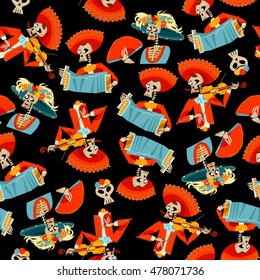 Dia de Muertos. Mariachi band of skeletons and La Calavera Catrina. Mexican tradition. Vector illustration