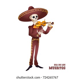 Dia de Muertos. Mariachi musician skeleton. Mexican tradition. Vector illustration.