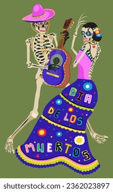 Dia de muertos. Mexican day of the dead. November 2. Vector celebration concept with lettering. Two skeletons dancing and playing guitar. 