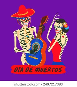 Dia de muertos. Mexican day of the dead. November 2. Vector celebration concept with lettering. Two sceletons dancing and playing guitar. 