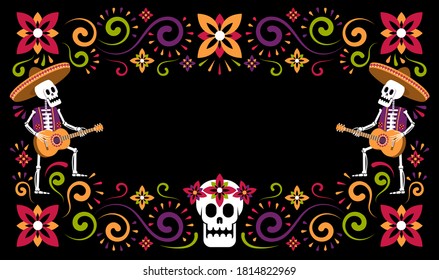 Volante floral de Halloween mexicano de Dia de Muertos. Día de muerto con esqueletos y cráneo de azúcar. Iluminación vectorial.