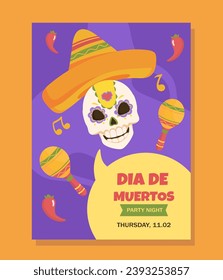 Dia de muertos party poster. Maracases and sombrero at colorful scull. Day of dead. Traditional mexican holiday and festival. Cartoon flat vector illustration isolated on orange background