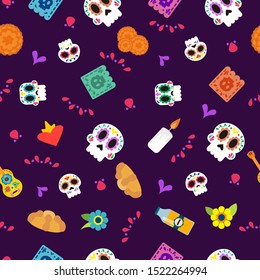 Dia de muertos pattern, different dia de muertos elements, ornaments, sugar skulls and flowers.