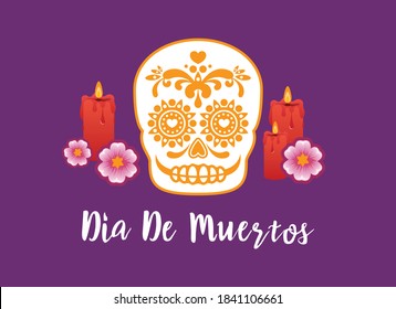 Dia de Muertos Poster with decorative sugar skull vector. Day of the Dead Poster vector. Mexican decorative skull with candles and flowers icon vector. Sugar skull icon. Mexican holiday. Important day