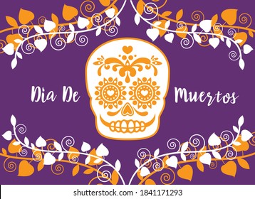 Dia de Muertos Poster with decorative sugar skull vector. Day of the Dead Poster vector. Mexican decorative skull with flowers icon vector. Sugar skull icon. Mexican holiday. Important day