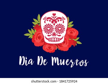Dia de Muertos Poster with decorative sugar skull vector. Day of the Dead Poster vector. Mexican decorative skull with red roses icon vector. Sugar skull icon. Mexican holiday. Important day