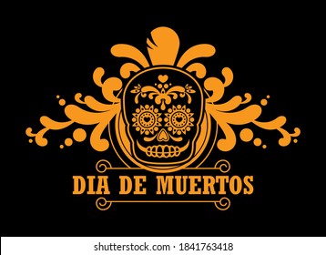 Dia de Muertos Poster with decorative sugar skull vector. Day of the Dead Poster vector. Mexican decorative skull with floral golden black ornament icon vector. Sugar skull icon. Mexican holiday