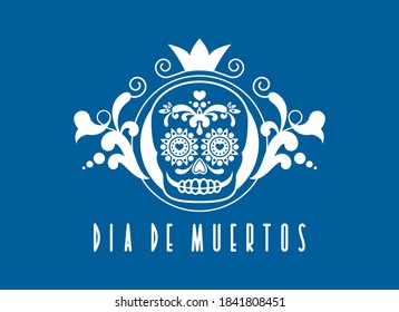 Dia de Muertos Poster with decorative sugar skull vector. Day of the Dead Poster vector. Mexican decorative skull with floral blue white ornament icon vector. Sugar skull icon. Mexican holiday. Import