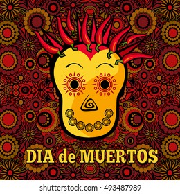 Dia de Muertos poster design with modern skull with chili peppers on tribal ethnic flower background. Fiesta ad, signage, card, invitation, print, template. Mexican party placard, banner. Vector 