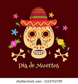 Dia De Muertos poster or template design with illustration of skull or calavera wearing sombrero hat and flowers decorated on burgundy color background.