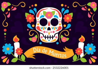 Cartaz Dia de muertos. Feriado e festival tradicional mexicano. Crânio com flores coloridas. Dia dos Mortos. Padrão decorativo e ornamento. Ilustração de vetor plano isolada no plano de fundo preto