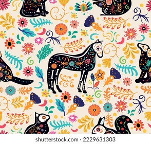 Dia de muertos seamless pattern. Repeating design element for printing on fabric. Symbol of holiday and festival, culture and traditions. Dead pets, cats and dogs. Cartoon flat vector illustration