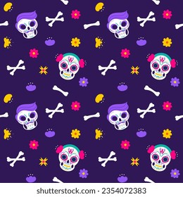Dia de muertos seamless pattern element set with skull and bones. Day of the dead