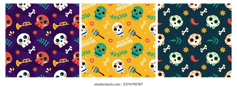 Dia de Muertos Seamless Pattern Illustration. Translation Day of the Dead. Skeleton Element in Mexican Design