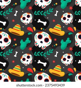 Dia de Muertos Seamless Pattern Illustration. Translation Day of the Dead. Skeleton Element in Mexican Design