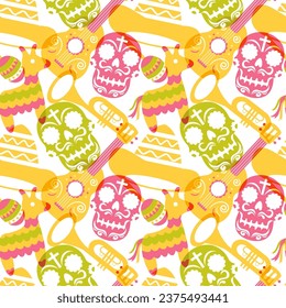 Dia de Muertos Seamless Pattern Illustration. Translation Day of the Dead. Skeleton Element in Mexican Design