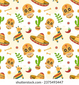 Dia de Muertos Seamless Pattern Illustration. Translation Day of the Dead. Skeleton Element in Mexican Design