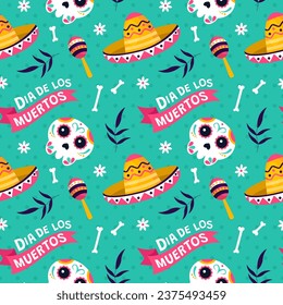 Dia de Muertos Seamless Pattern Illustration. Translation Day of the Dead. Skeleton Element in Mexican Design