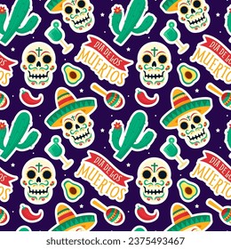 Dia de Muertos Seamless Pattern Illustration. Translation Day of the Dead. Skeleton Element in Mexican Design