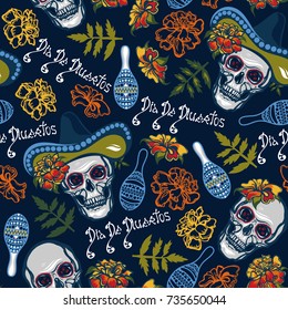 Dia De Muertos. Seamless pattern with skulls in hats with maracas, flowers with marigolds.Vector illustration.