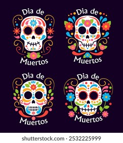 Dia de muertos definido. Feriado e festival tradicional mexicano. Crânios com flores coloridas. Dia dos Mortos. Cartaz ou banner. Coleção de vetor plana isolada no plano de fundo preto