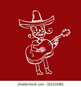 Dia de Muertos. Skeleton mariachi musician. Mexican tradition. Hand drawn vector illustration