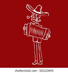 Dia de Muertos. Skeleton mariachi musician. Mexican tradition. Hand drawn vector illustration