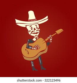 Dia de Muertos. Skeleton mariachi musician. Mexican tradition. Hand drawn vector illustration