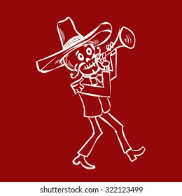 Dia de Muertos. Skeleton mariachi musician. Mexican tradition. Hand drawn vector illustration