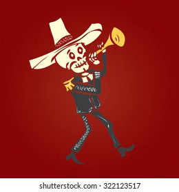 Dia de Muertos. Skeleton mariachi musician. Mexican tradition. Hand drawn vector illustration