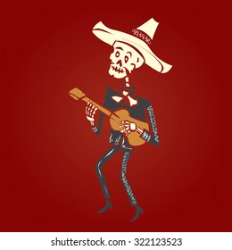 Dia de Muertos. Skeleton mariachi musician. Mexican tradition. Hand drawn vector illustration