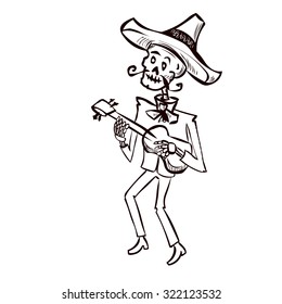 Dia de Muertos. Skeleton mariachi musician. Mexican tradition. Hand drawn vector illustration