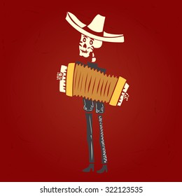 Dia de Muertos. Skeleton mariachi musician. Mexican tradition. Hand drawn vector illustration