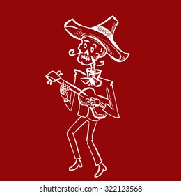 Dia de Muertos. Skeleton mariachi musician. Mexican tradition. Hand drawn vector illustration
