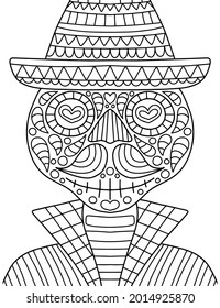 Dia de Muertos skeleton with mustaches and hat vector illustration. Hand-drawn black outline ornamental skeleton coloring page for adults vertical printable page vector