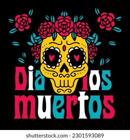 Dia de muertos skeleton s sugar skull poster or greeting card with rose flowers and leaves. Doodle hand drawn Vector illustration