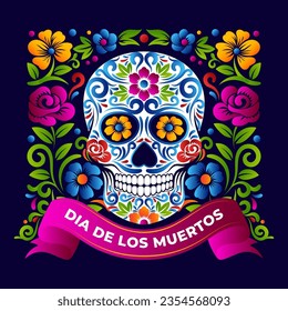 Dia de Muertos Skull with vibrant color mexican Ornament design