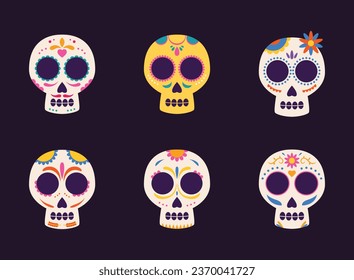 Dia de muertos skulls collection colorful flat illustration. Mexico festival day of the dead celebration on 2 november. Cute skull for greeting card, poster, invitation card, flyer