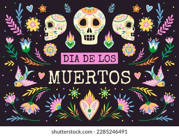 Dia de muertos. Skulls with flowers and hearts. Design element for greeting card. Mexican and Latin American culture and traditions. Holiday and festival, Day of dead. Cartoon flat vector illustration