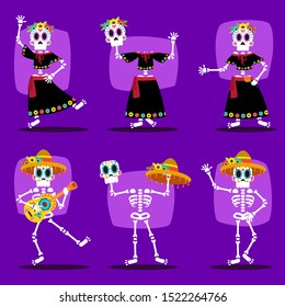 Dia de muertos skulls, mexican skulls with mexican costumes in different poses on purple background